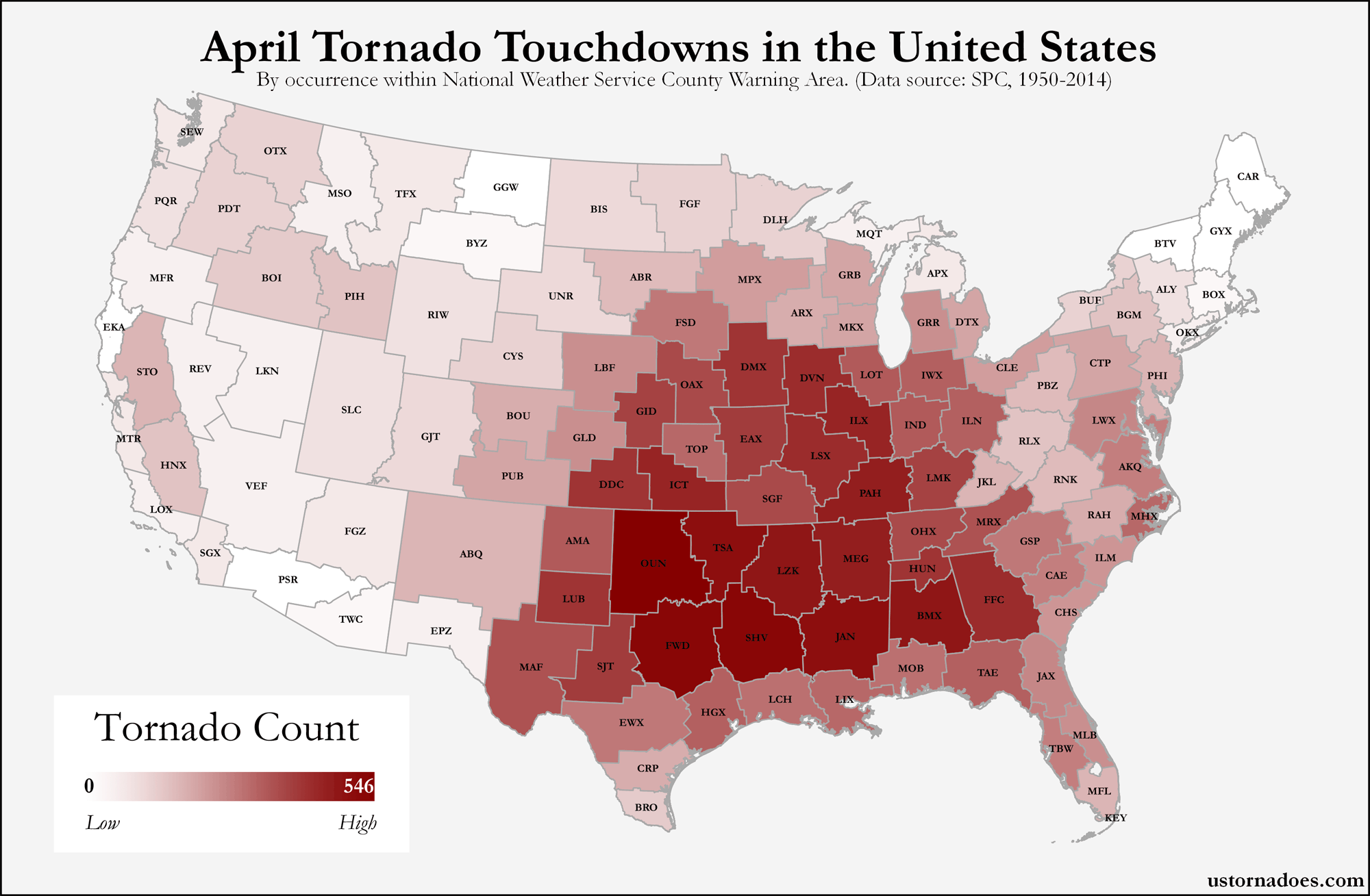 Here’s where tornadoes typically form in April across the United States - U.S. Tornadoes2000 x 1309