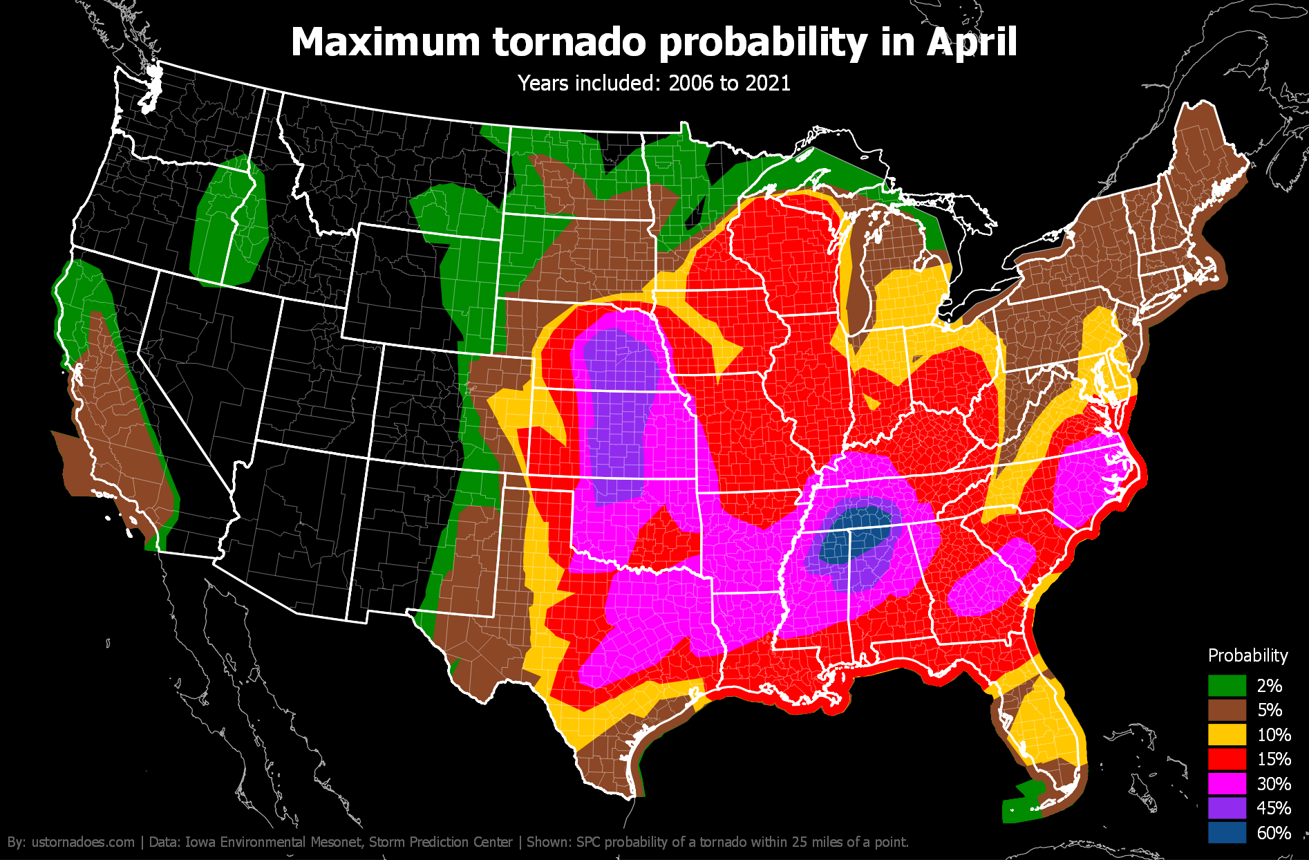 Maximum tornado probabilities by month and year