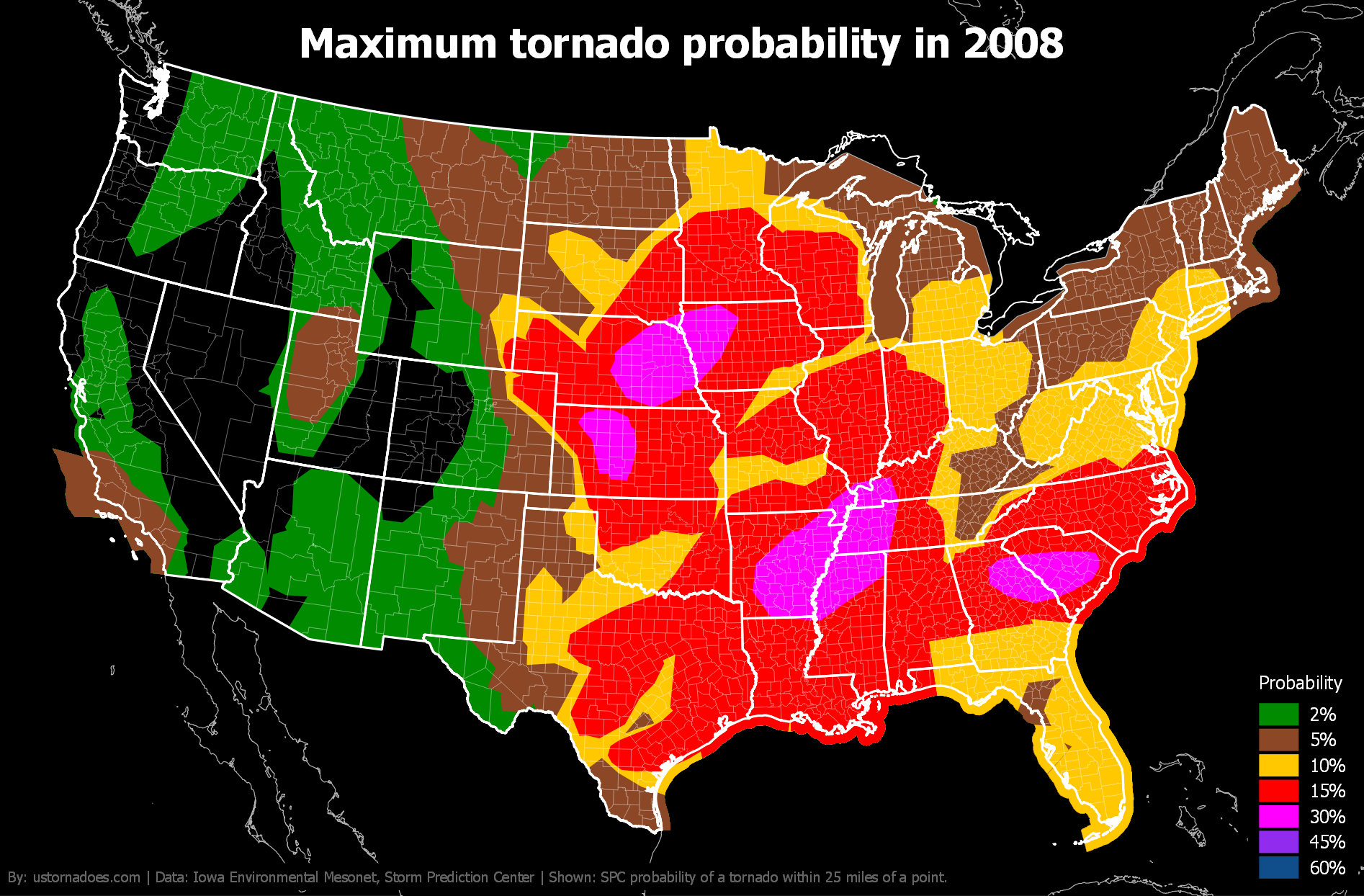 Maximum tornado probabilities by month and year - ustornadoes.com