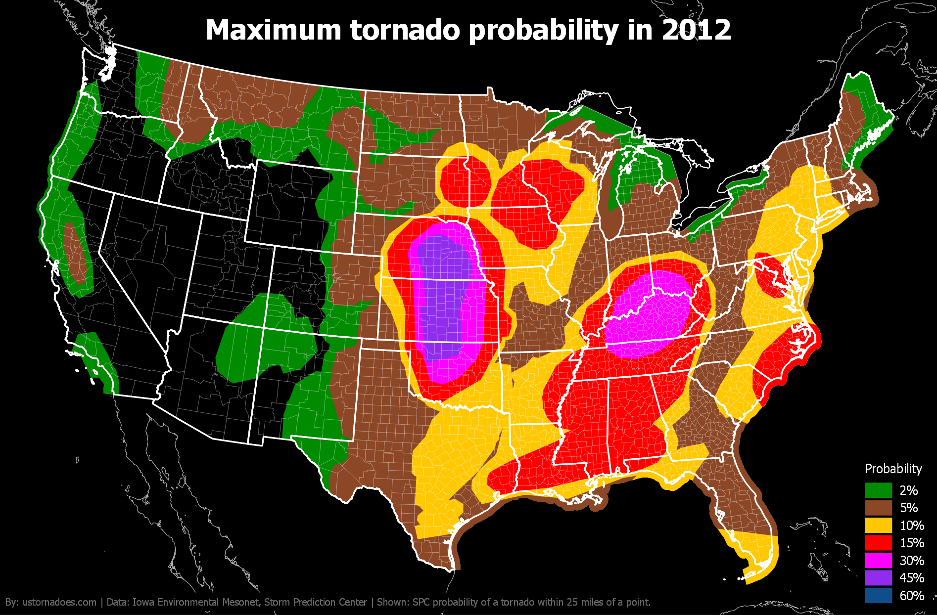 Maximum tornado probabilities by month and year - ustornadoes.com