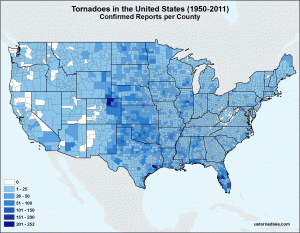 Map: U.S. Tornadoes by County, 1950-2011 - ustornadoes.com