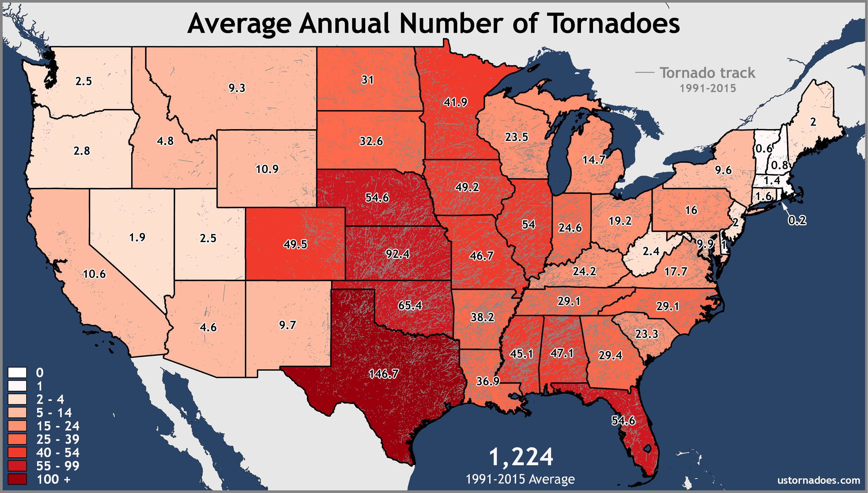 tornadoes states united state annual averages tornado hit map maps oklahoma most average which texas florida recent each kansas 1991