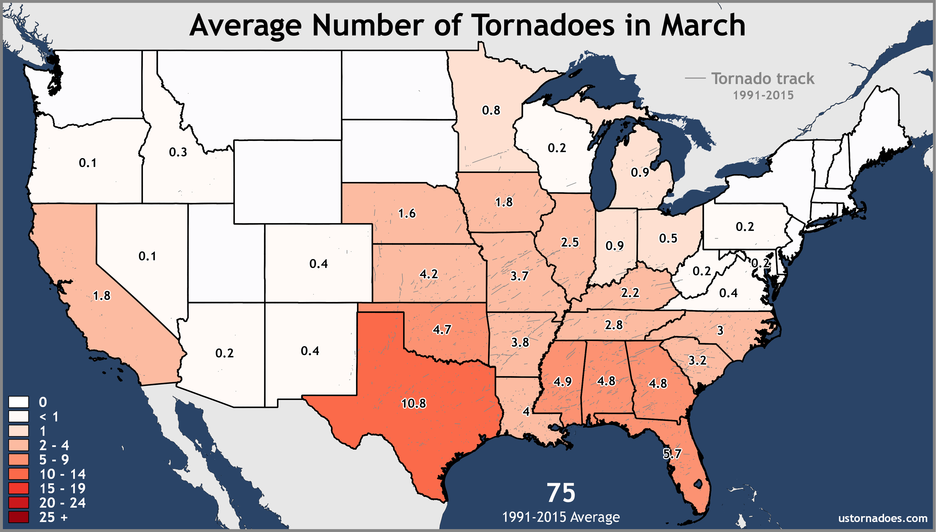 Annual and monthly tornado averages for each state (maps)