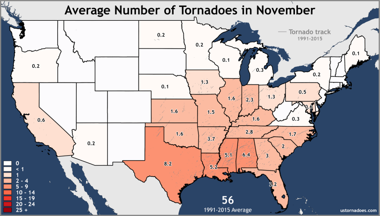 Annual and monthly tornado averages for each state (maps) - ustornadoes.com